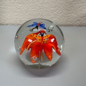 Art Glass Handcrafted Paperweight Orange Flower butterflies Piece of decor